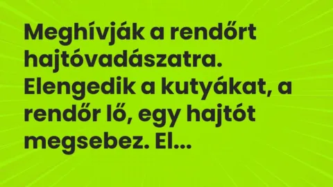 Vicc: Meghívják a rendőrt hajtóvadászatra.

Elengedik a kutyákat, a rendőr lő, egy…