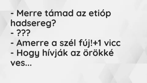 Vicc: – Merre támad az etióp hadsereg?

– ???

– Amerre a szél fúj!