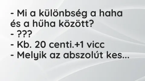 Vicc: – Mi a különbség a haha és a hűha között?

– ???

– Kb. 20 centi.
