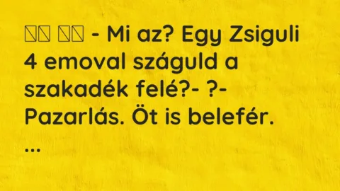 Vicc: 
		  
		  – Mi az? Egy Zsiguli 4 emoval száguld a szakadék felé?-…