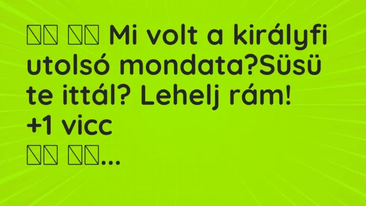 Vicc:
Mi volt a királyfi utolsó mondata?Süsü te ittál? Lehelj… Vicc:
Mi volt a királyfi utolsó mondata?Süsü te ittál? Lehelj…
