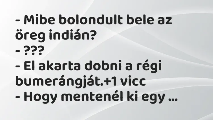 Vicc: – Mibe bolondult bele az öreg indián?
– ???
– El akarta dobni a régi… Vicc: – Mibe bolondult bele az öreg indián?
– ???
– El akarta dobni a régi…