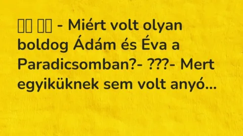Vicc: 
		  
		  – Miért volt olyan boldog Ádám és Éva a Paradicsomban?-…