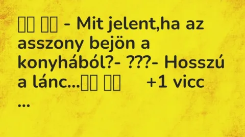 Vicc: 
		  
		  – Mit jelent,ha az asszony bejön a konyhából?- ???-…