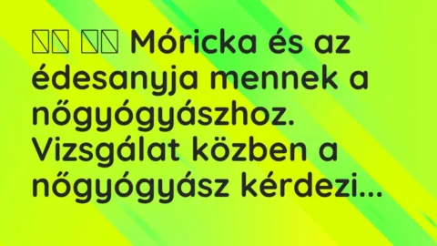 Vicc: 
		  
		  Móricka és az édesanyja mennek a nőgyógyászhoz. Vizsgálat…