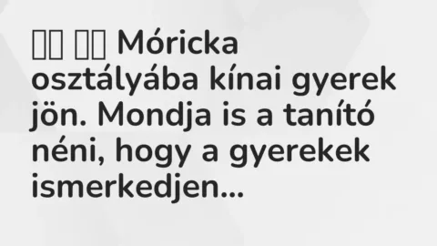 Vicc: 
		  
		  Móricka osztályába kínai gyerek jön. Mondja is a tanító…