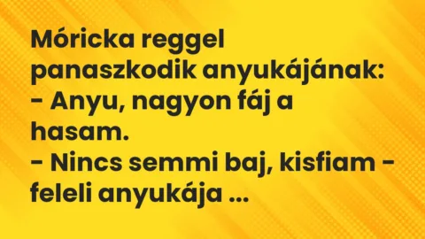 Vicc: Móricka reggel panaszkodik anyukájának:

– Anyu, nagyon fáj a hasam.

-…