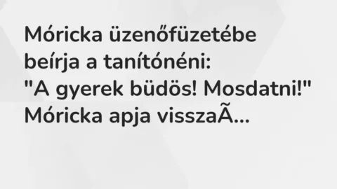 Vicc: Móricka üzenőfüzetébe beírja a tanítónéni:

“A gyerek büdös!…