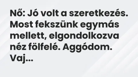 Vicc: Nő: Jó volt a szeretkezés. Most fekszünk egymás mellett, elgondolkozva néz…