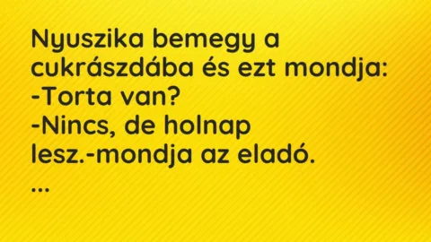 Vicc: Nyuszika bemegy a cukrászdába és ezt mondja:

-Torta van?

-Nincs, de…
