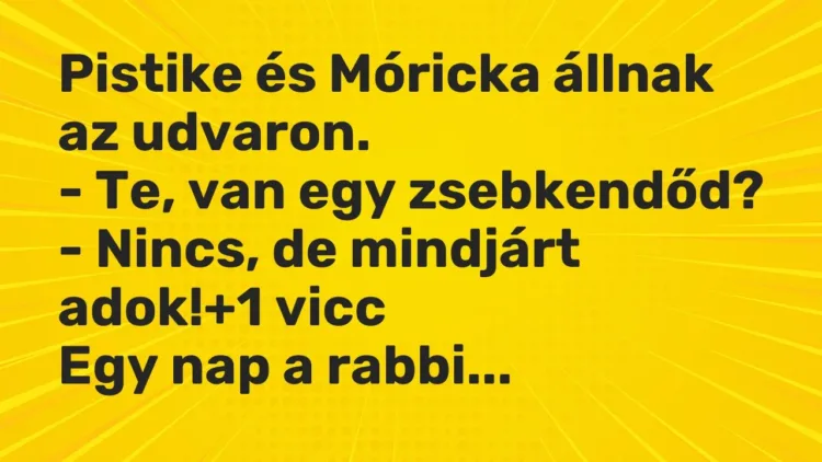 Vicc: Pistike és Móricka állnak az udvaron.
– Te, van egy zsebkendőd?
-… Vicc: Pistike és Móricka állnak az udvaron.
– Te, van egy zsebkendőd?
-…