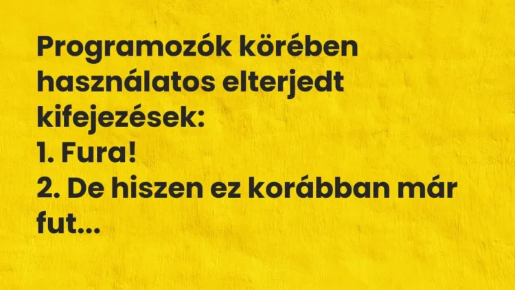Vicc: Programozók körében használatos elterjedt kifejezések:
1. Fura!
2. De… Vicc: Programozók körében használatos elterjedt kifejezések:
1. Fura!
2. De…