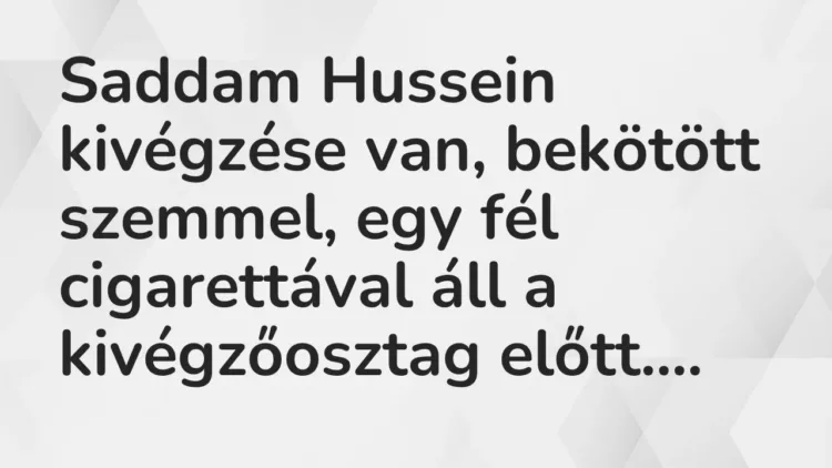 Vicc: Saddam Hussein kivégzése van, bekötött szemmel, egy fél cigarettával áll a… Vicc: Saddam Hussein kivégzése van, bekötött szemmel, egy fél cigarettával áll a…