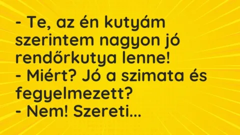 Vicc: – Te, az én kutyám szerintem nagyon jó rendőrkutya lenne!

– Miért? Jó a…