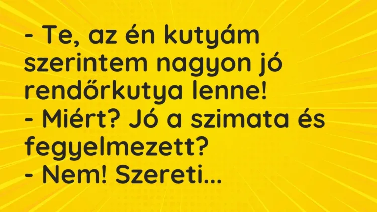 Vicc: – Te, az én kutyám szerintem nagyon jó rendőrkutya lenne!
– Miért? Jó a… Vicc: – Te, az én kutyám szerintem nagyon jó rendőrkutya lenne!
– Miért? Jó a…