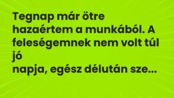 Vicc: Tegnap már ötre hazaértem a munkából. A feleségemnek nem volt túl jó napja,…