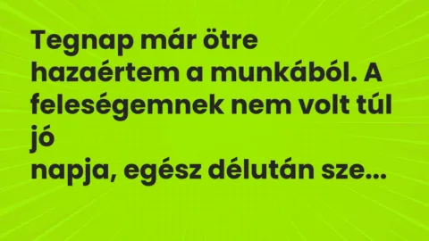 Vicc: Tegnap már ötre hazaértem a munkából. A feleségemnek nem volt túl jó

napja,…