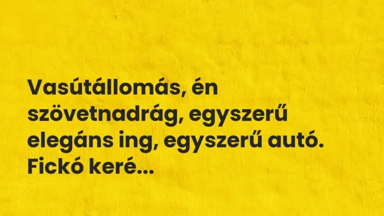 Vicces történet:
Vasútállomás, én szövetnadrág, egyszerű elegáns … Vicces történet:
Vasútállomás, én szövetnadrág, egyszerű elegáns …