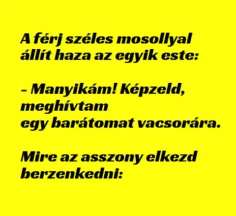 Vicc: A férj széles mosollyal állít haza az egyik este: –