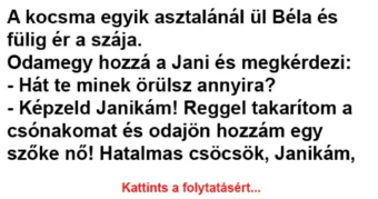 Vicc: A kocsma egyik asztalánál ül Béla és fülig ér a szája.