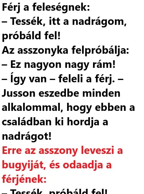 Vicc: Férj a feleségnek: – Tessék, itt a nadrágom, próbáld fel!