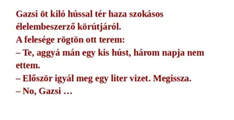 Vicc: Gazsi öt kiló hússal tér haza szokásos élelembeszerző körútjáról Vicc: Gazsi öt kiló hússal tér haza szokásos élelembeszerző körútjáról