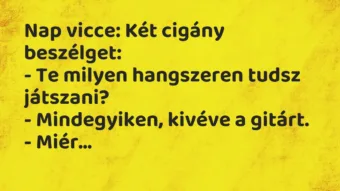 Napi vicc: Két cigány beszélget:
– Te milyen hangszeren tudsz játszani?
-… Napi vicc: Két cigány beszélget:
– Te milyen hangszeren tudsz játszani?
-…