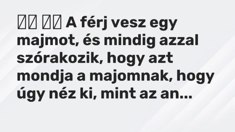 Vicc:
A férj vesz egy majmot, és mindig azzal szórakozik, hogy az… Vicc:
A férj vesz egy majmot, és mindig azzal szórakozik, hogy az…