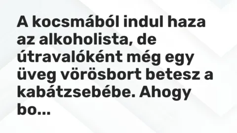 Vicc: A kocsmából indul haza az alkoholista, de útravalóként még egy üveg vörösbort…