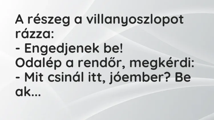 Vicc: A részeg a villanyoszlopot rázza:
– Engedjenek be!
Odalép a rendőr,… Vicc: A részeg a villanyoszlopot rázza:
– Engedjenek be!
Odalép a rendőr,…