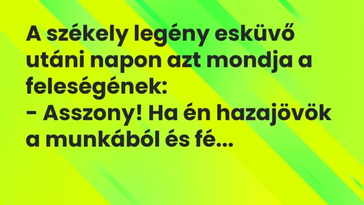 Vicc: A székely legény esküvő utáni napon azt mondja a feleségének:
– Asszony! Ha… Vicc: A székely legény esküvő utáni napon azt mondja a feleségének:
– Asszony! Ha…