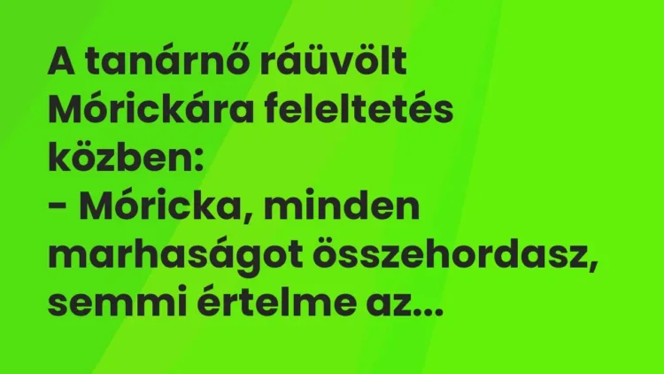 Vicc: A tanárnő ráüvölt Mórickára feleltetés közben:
– Móricka, minden marhaságot… Vicc: A tanárnő ráüvölt Mórickára feleltetés közben:
– Móricka, minden marhaságot…