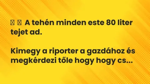 Vicc: 
	    	    A tehén minden este 80 liter tejet ad.


Kimegy a riporter a…