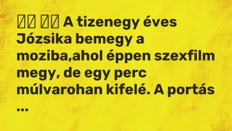 Vicc: 
		  
		  A tizenegy éves Józsika bemegy a moziba,ahol éppen…