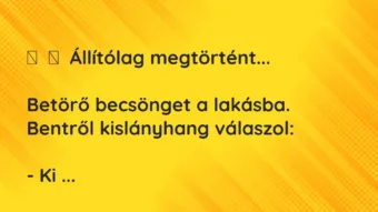 Vicc: 
	    	    Állítólag megtörtént…


Betörő becsönget a lakásba. Bentről…