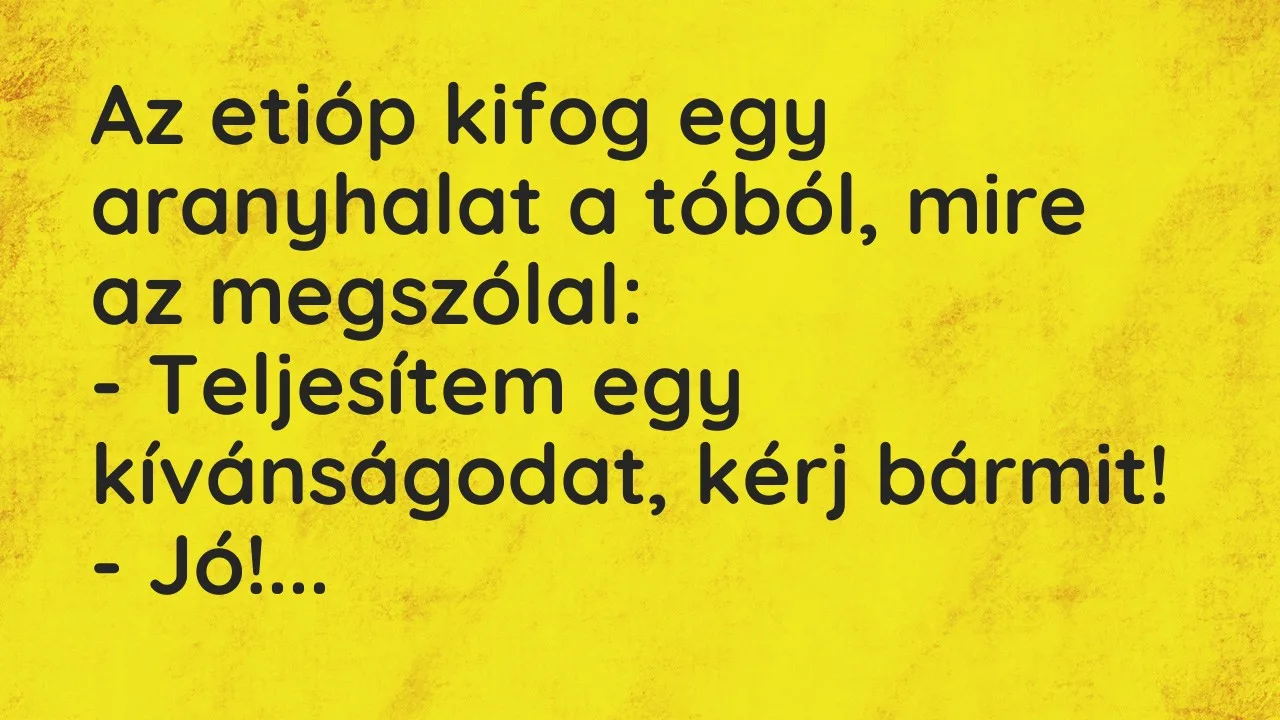 Vicc: Az etióp kifog egy aranyhalat a tóból, mire az megszólal:

– Teljesítem egy…