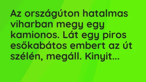 Vicc: Az országúton hatalmas viharban megy egy kamionos. Lát egy piros esőkabátos…
