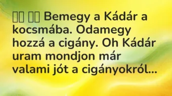Vicc: Bemegy a Kádár a kocsmába. Odamegy hozzá a cigány. Oh Kádár…