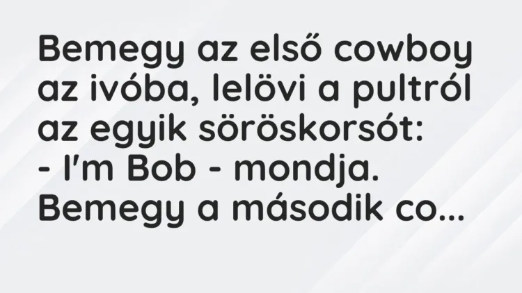 Vicc: Bemegy az első cowboy az ivóba, lelövi a pultról az egyik söröskorsót:
-… Vicc: Bemegy az első cowboy az ivóba, lelövi a pultról az egyik söröskorsót:
-…