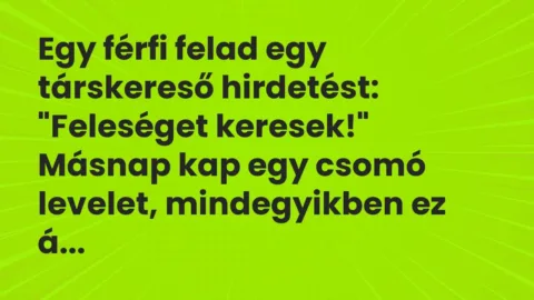 Vicc: Egy férfi felad egy társkereső hirdetést:

„Feleséget keresek!”

Másnap…