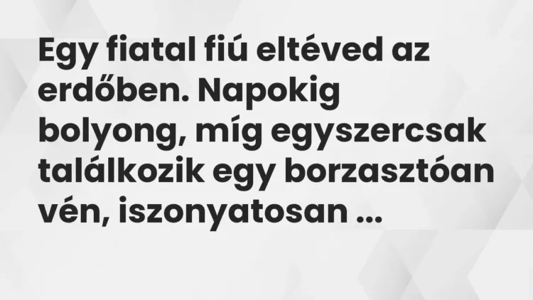 Vicc: Egy fiatal fiú eltéved az erdőben. Napokig bolyong, míg egyszercsak találkozik… Vicc: Egy fiatal fiú eltéved az erdőben. Napokig bolyong, míg egyszercsak találkozik…