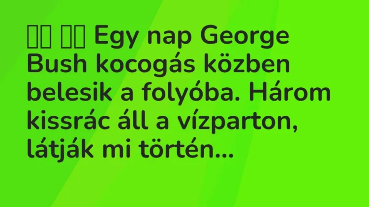 Vicc:
Egy nap George Bush kocogás közben belesik a folyóba. Három… Vicc:
Egy nap George Bush kocogás közben belesik a folyóba. Három…