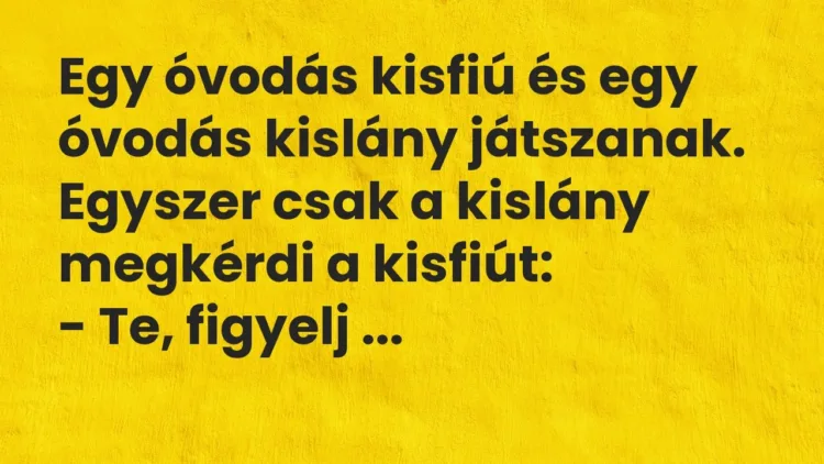 Vicc: Egy óvodás kisfiú és egy óvodás kislány játszanak. Egyszer csak a kislány… Vicc: Egy óvodás kisfiú és egy óvodás kislány játszanak. Egyszer csak a kislány…