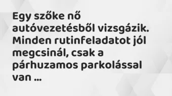 Vicc: Egy szőke nő autóvezetésből vizsgázik. Minden rutinfeladatot jól megcsinál, csak…