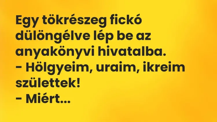 Vicc: Egy tökrészeg fickó dülöngélve lép be az anyakönyvi hivatalba.
– Hölgyeim,… Vicc: Egy tökrészeg fickó dülöngélve lép be az anyakönyvi hivatalba.
– Hölgyeim,…
