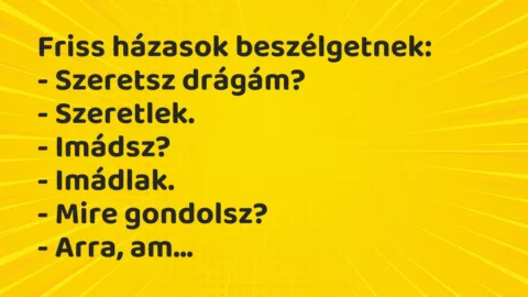 Vicc: Friss házasok beszélgetnek:

– Szeretsz drágám?

– Szeretlek.

-…