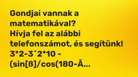 Vicc: Gondjai vannak a matematikával?

Hívja fel az alábbi telefonszámot, és…