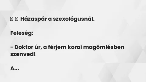 Vicc: 
	    	    Házaspár a szexológusnál.


Feleség:


– Doktor úr, a…
