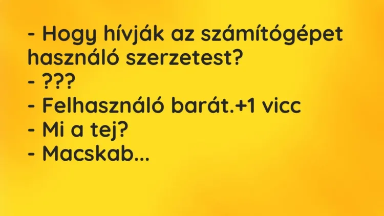 Vicc: – Hogy hívják az számítógépet használó szerzetest?
– ???
– Felhasználó… Vicc: – Hogy hívják az számítógépet használó szerzetest?
– ???
– Felhasználó…