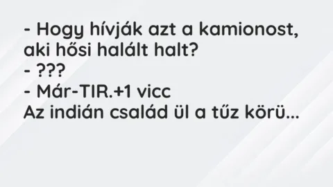 Vicc: – Hogy hívják azt a kamionost, aki hősi halált halt?

– ???

– Már-TIR.